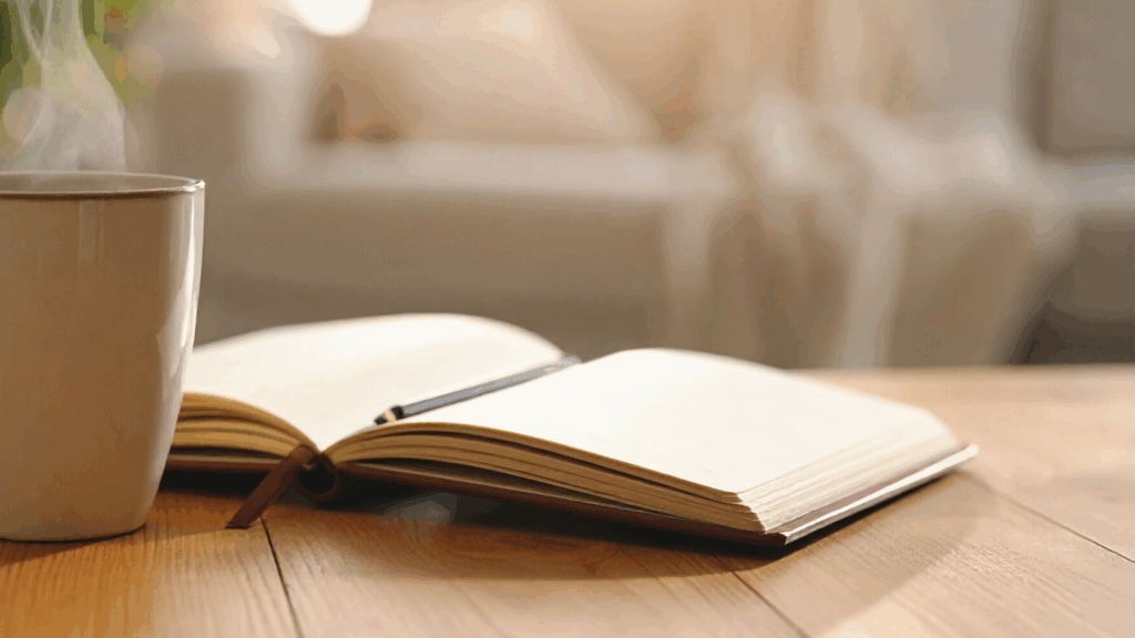 Open cream notebook and pencil on a wooden table beside a steaming mug in soft morning light.
