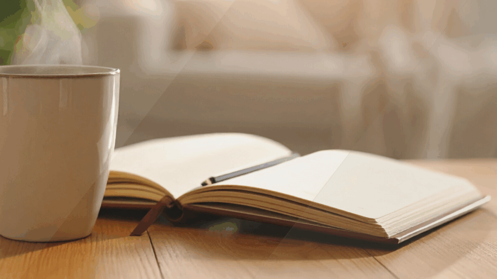 Open notebook and steaming mug in warm morning light, illustrating Notes from Becoming — essays and personal reflections on change, growth, and remembrance.