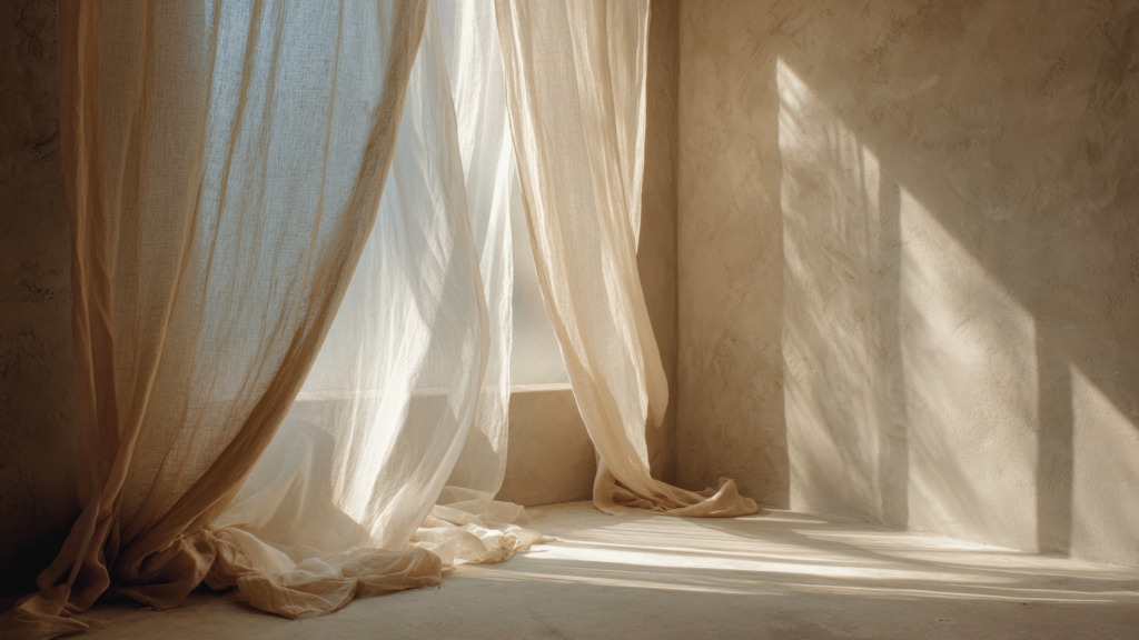 Soft morning light falling through linen curtains onto a quiet wall, shadows creating a warm contemplative scene.