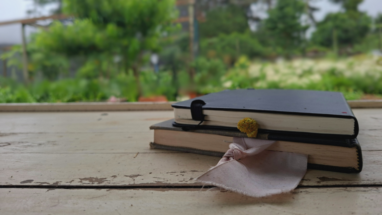 A small stack of well-worn books resting on a wooden surface, with soft greenery blurred in the background, evoking a quiet pause between reading seasons.