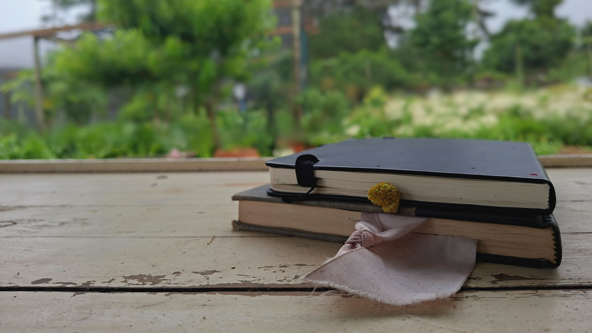 A small stack of well-worn books resting on a wooden surface, with soft greenery blurred in the background, evoking a quiet pause between reading seasons.