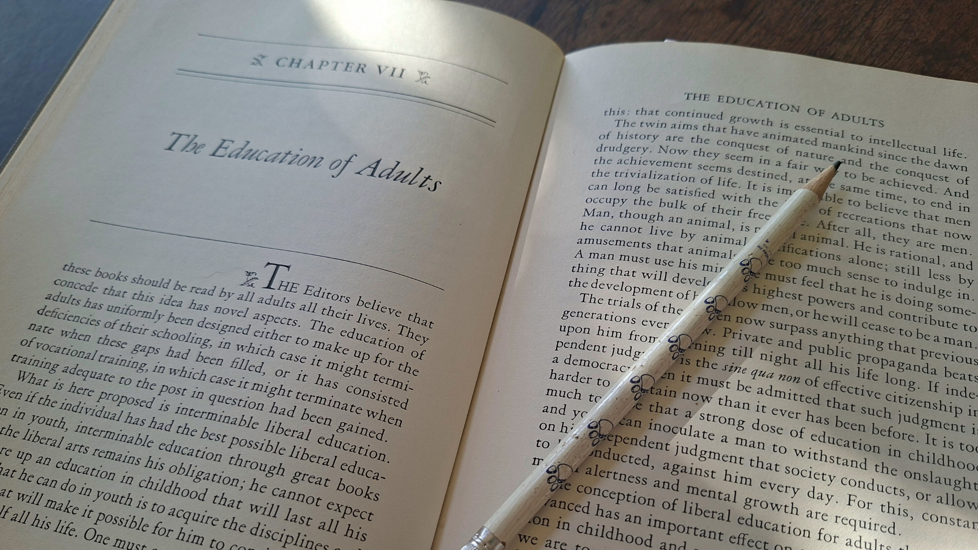 Open book showing chapter titled "The Education of Adults" with pencil resting across the page — image for essay titled When Pressure Raises The Price.