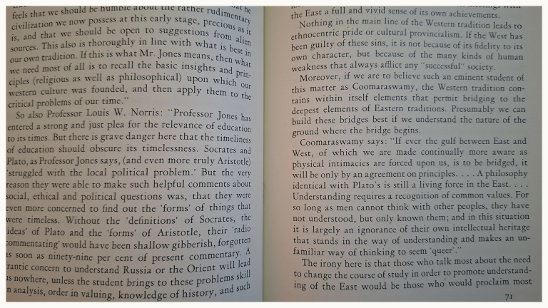 Open pages of The Great Conversation discussing dialogue between Eastern and Western traditions.