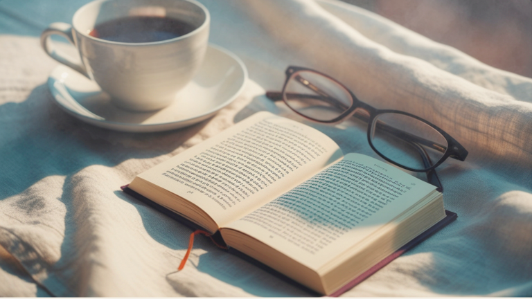 Morning light through a sheer curtain falling onto a wooden table with a ceramic mug and a small stack of books, creating a quiet reflective atmosphere.