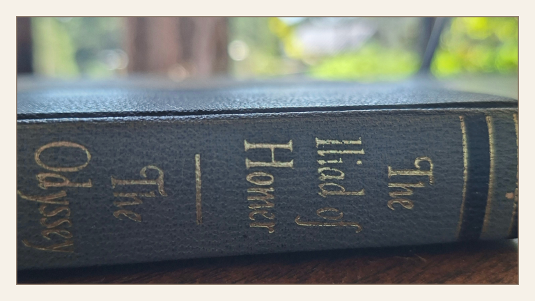 A worn copy of Homer’s Iliad and Odyssey resting on a wooden table in natural light, spine visible, suggesting order held in place