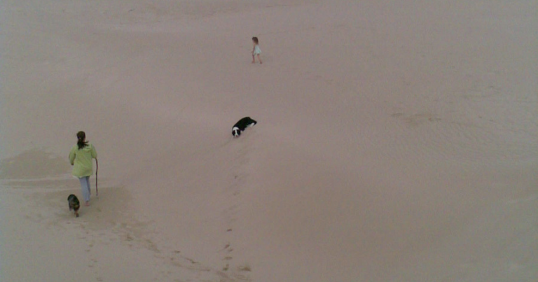 Small figures walking across vast empty sand dunes, reflecting uncertainty and suspended transition.
