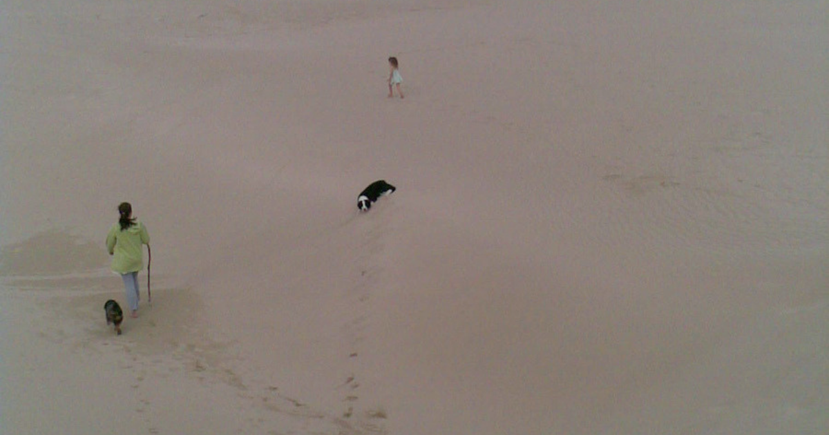 Small figures walking across vast empty sand dunes, reflecting uncertainty and suspended transition.