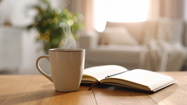 A steaming mug beside an open notebook on a wooden table in soft morning light.