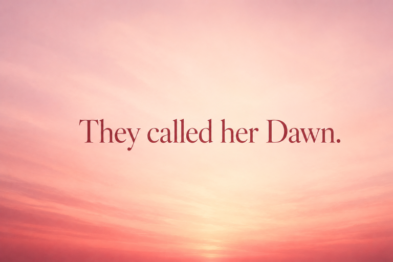 Soft rose typographic artwork reading "They called her Dawn" accompanying a reflection on first light, Homer's Iliad and the quiet beauty of morning.