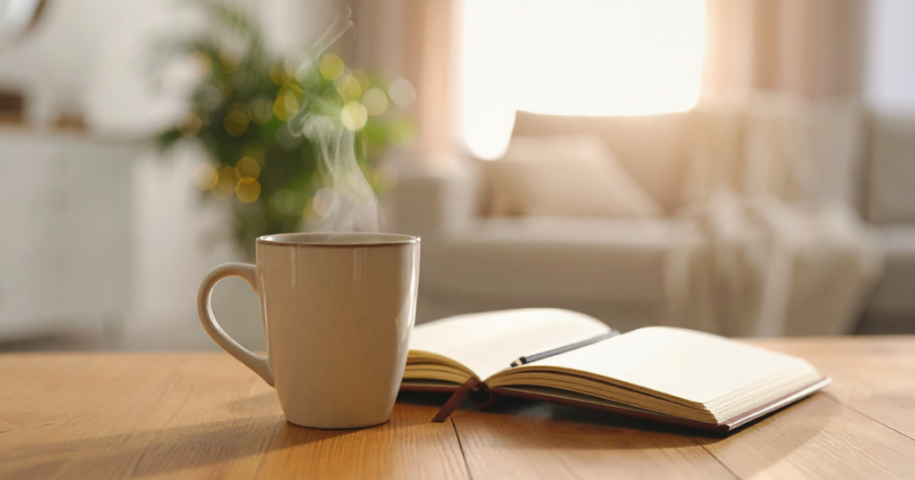 A steaming mug beside an open notebook on a wooden table in soft morning light;